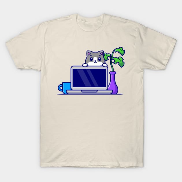 Cute Cat Behind Laptop Cartoon T-Shirt by Catalyst Labs